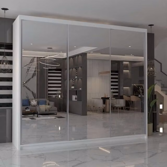 MN Furniture Cuba Sliding Mirror Wardrobe in White with LED Lighting and Integrated Drawers W: 250 cm, H: 217 cm – 1