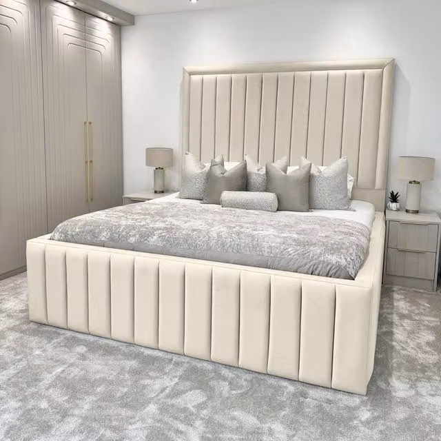 Living Comfort Bedz Hampton Upholstered Slatted Base Bed with 54-Inch Panel Headboard in Beige, Size: King (W/D/H: 180 x 200 cm)