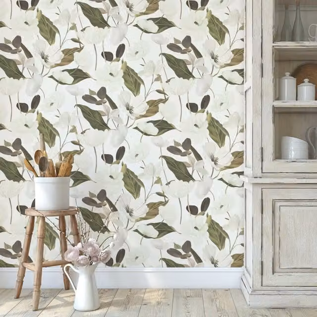 Erismann Floral Botanical Wallpaper in White, Green, Pink and Grey