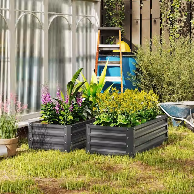 Outsunny Set of 2 Grey Galvanised Steel Raised Garden Bed Outdoor Planter Boxes