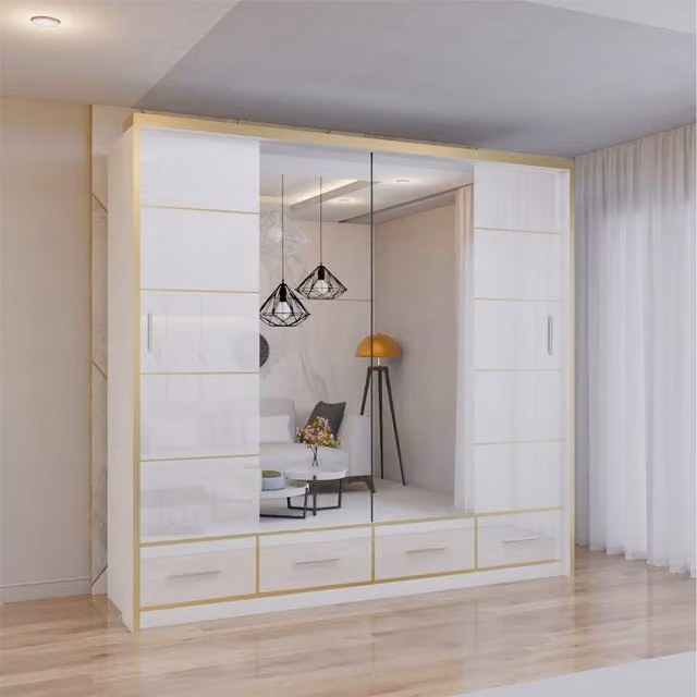 Sliding Wardrobes 4 u High Gloss Sliding Wardrobe with LED Lighting, Mirror and Internal Drawers, White, W/D/H: 203 x 66 x 220 cm