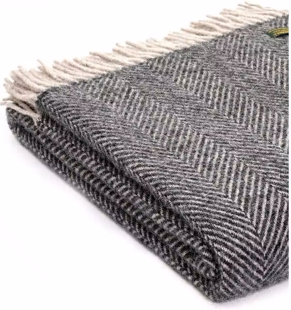 Tweedmill Herringbone Woven Wool Throw Blanket in Grey and Silver