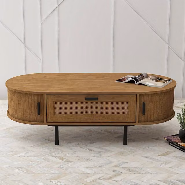 Kidsaw LV55 Oval Coffee Table in Brown Oak and Rattan
