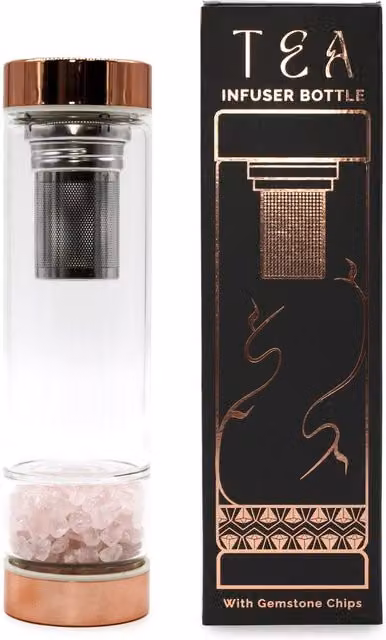 Serenityy Crystal Glass Tea Infuser Bottle with Rose Gold Cap, Rose Quartz, 500ml – 5