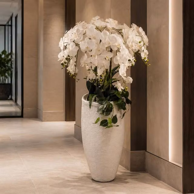 Leaf Premium White Potted Artificial Orchid Display, Height: 150 cm