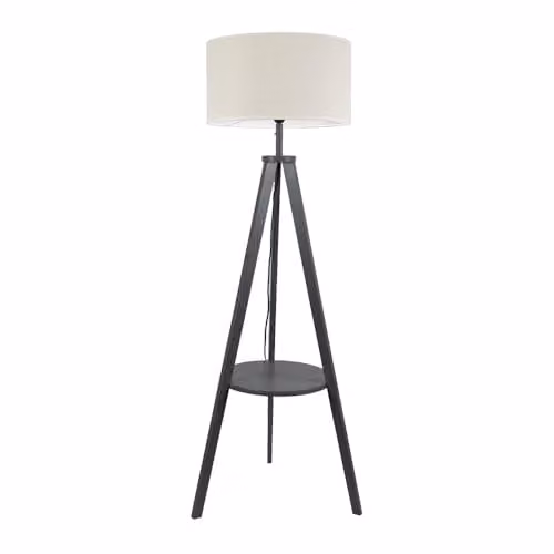 ValueLights Grey Wood Tripod Floor Lamp with Storage Shelf and White Fabric Drum Shade including LED Bulb