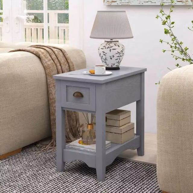 FORGEVIO Retro Rectangular Side Table and Nightstand with 1 Drawer, Grey