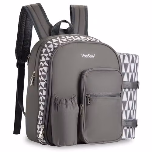 VonShef Grey 2 Person Picnic Backpack with Full Dining Set, Insulated Cooler Compartment and Waterproof Picnic Blanket – 1
