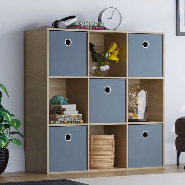 Vida Designs Durham 9 Cube Storage Unit in Oak with 5 Grey Baskets