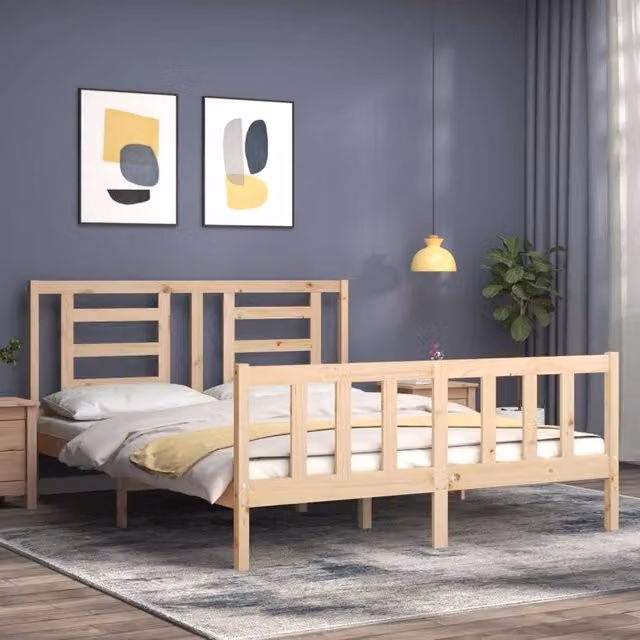 Berkfield Home Beautiful Solid Wood Bed Frame with Headboard in Natural Pine, W/D/H: 160 x 200 x 165.5 cm
