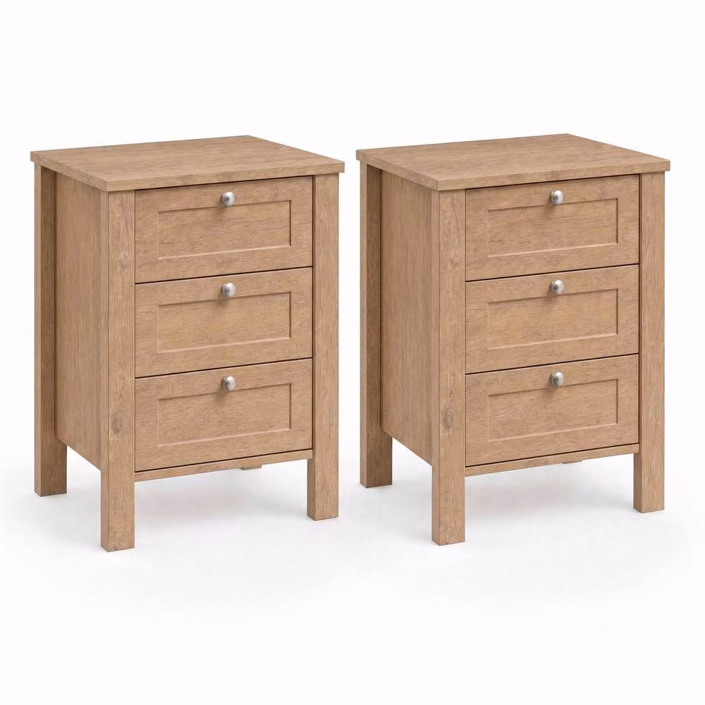 FWStyle Set of 2 Natural Oak 3 Drawer Bedside Table Chests in Brown, H: 60 cm, W: 40 cm, D: 40 cm – 2