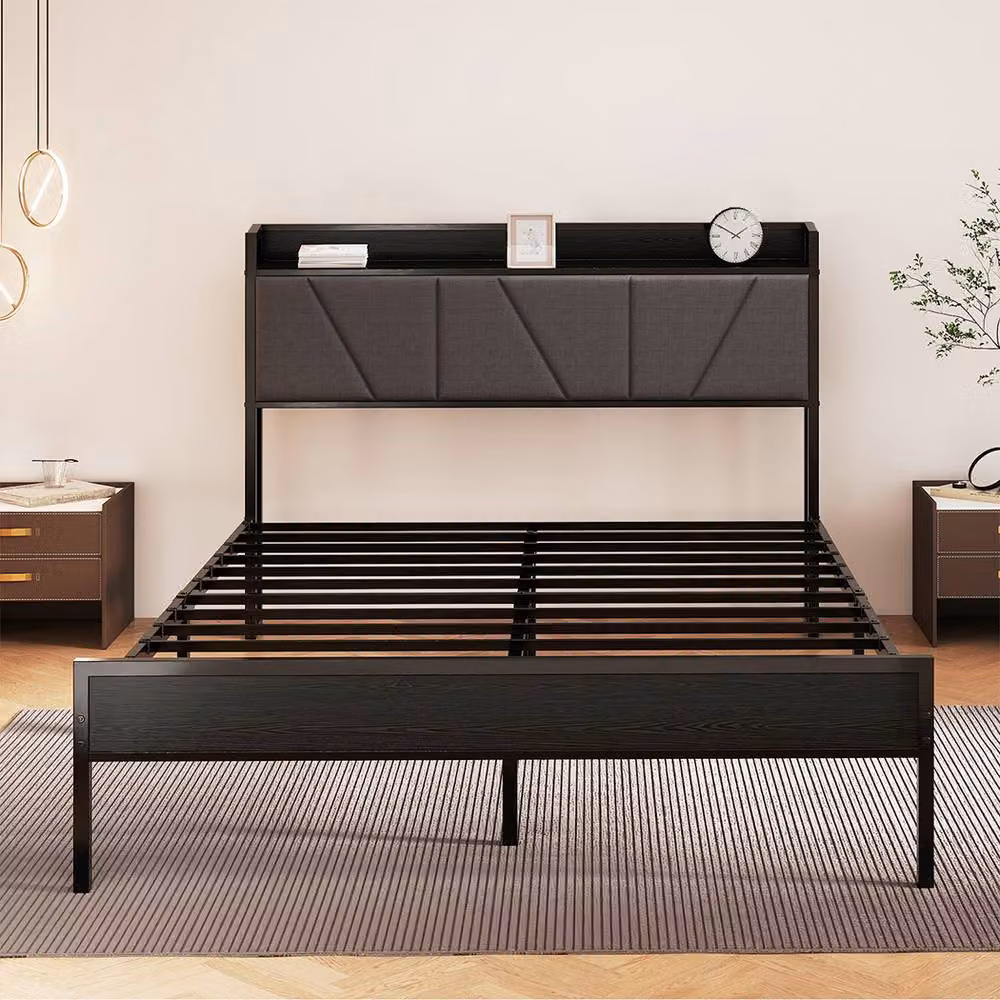 Levede Modern Upholstered Metal Bed Frame with Side Compartments and Headboard in Black, W/D/H: 140 x 200 x 135.5 cm – 2