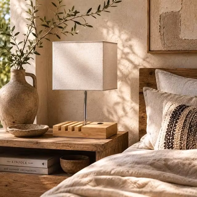 Wyld Haus Hael Wood and Fabric Table Lamp with USB A and USB C Charging Phone Stands in White – 1