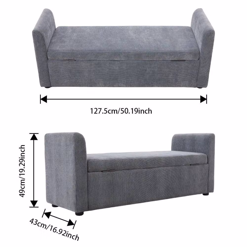 NESTLUNE Grey Fabric Storage Ottoman Bench with Lid and Armrests, W: 100 cm, H: 15 cm – 3