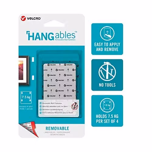 VELCRO Brand HANGables Strips, White, W: 44 mm x H: 76 mm, 4 Pack