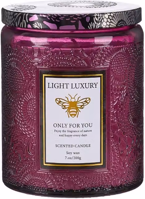 Livingandhome Floral Scented Soy Wax Candle in Purple Embossed Glass Cup