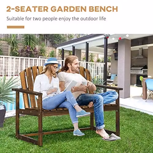 Outsunny Two Seater Wooden Garden Bench with Backrest in Brown Carbonised Finish – 4