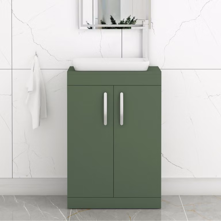 Royal Bathrooms Turin 600mm Floor Standing 2 Door Vanity Unit in Matt Green with Countertop Basin and Brushed Brass Handle