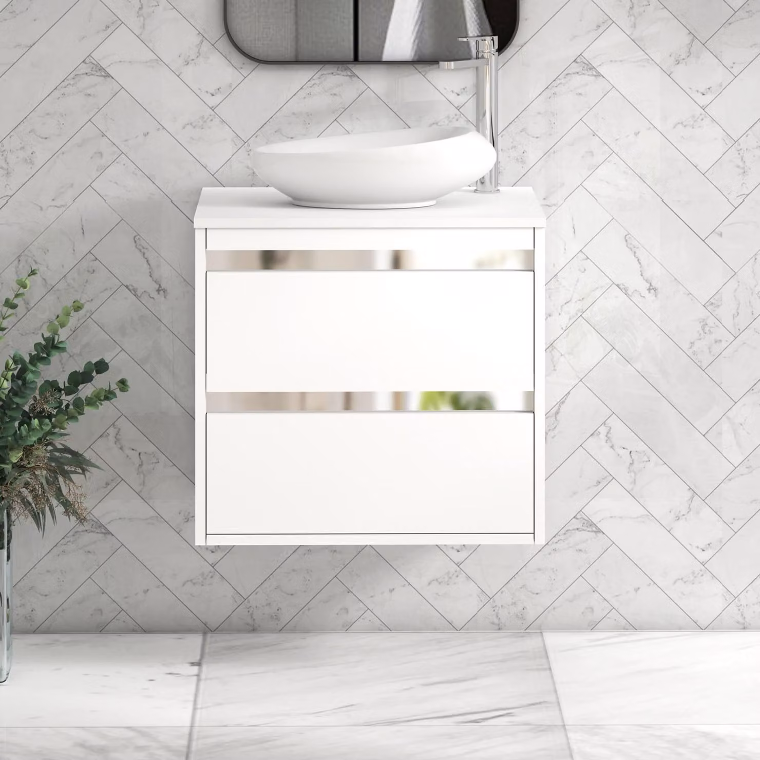 Royal Bathrooms Orion 600mm Matt White Wall Hung 2 Drawer Vanity Unit with Nova Basin and Chrome Accent Trim