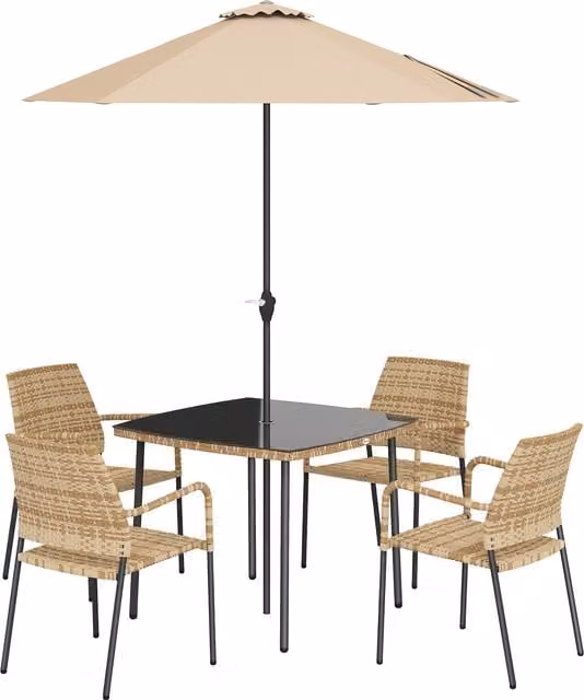 Outsunny 6 Piece Rattan Garden Dining Set in Beige with Parasol and Tempered Glass Tabletop – 1