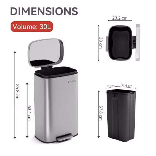 MCC Direct 30L Silver Stainless Steel Pedal Bin with Soft Close Lid and Removable Inner Bucket – 2