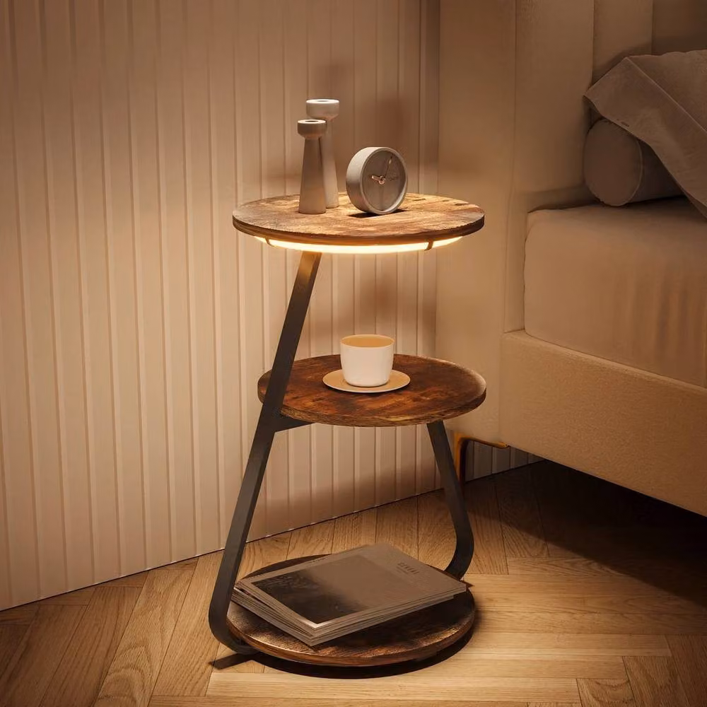 SPETLEK 3 Tier Round Small Sofa Side Table with LED Light in Brown – 4