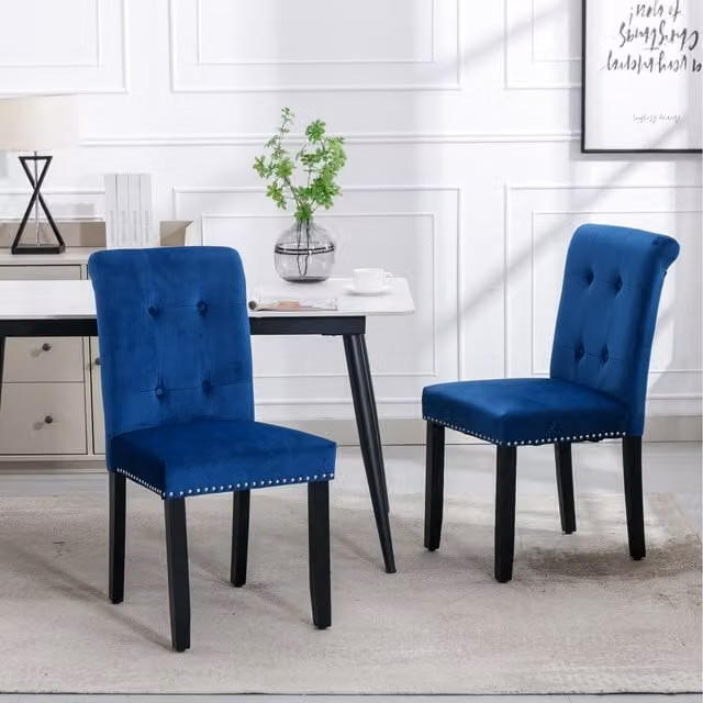 Home Touch Interiors Set of 2 Modern Blue Velvet Upholstered Dining Chairs