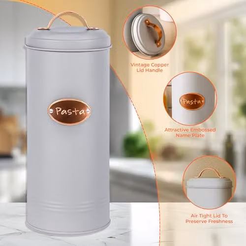 Novel Solutions Retro Round Pasta and Spaghetti Canister with Lid, Grey/Copper, Dia: 11.0 cm, H: 27.0 cm – 2