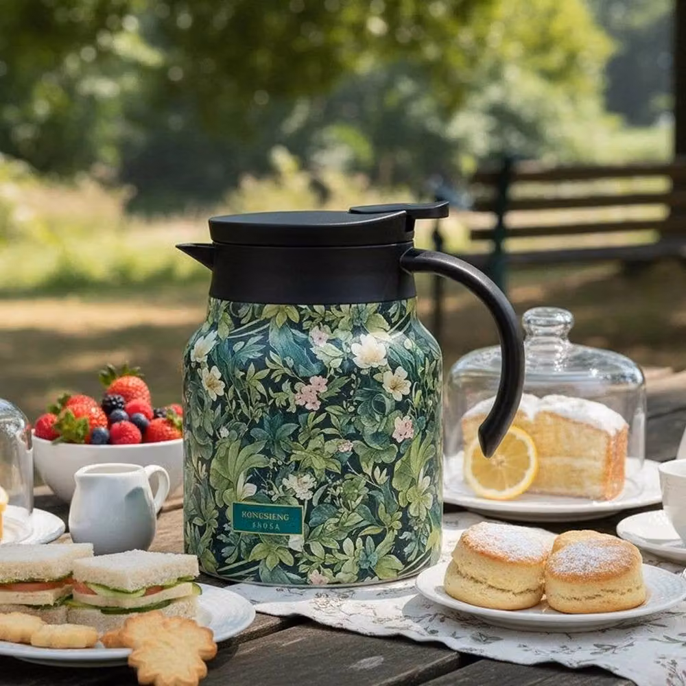 NESTLUNE Green Vintage Floral Pattern Insulated Stainless Steel Tea Thermos, 1000ml – 4