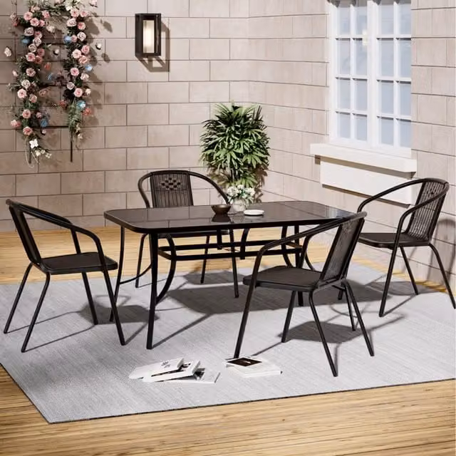 Livingandhome 6 Seater Bistro Set in Black with 150cm Rectangular Table and 6 Chairs