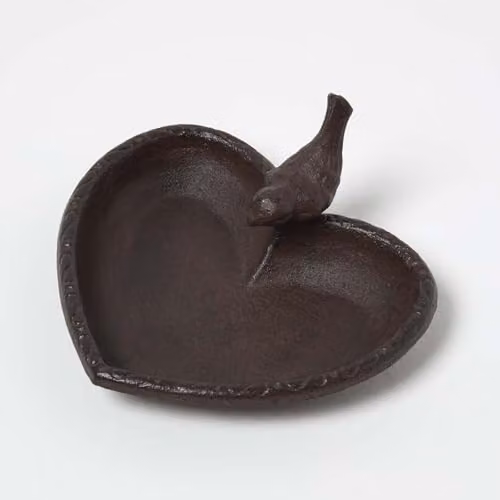 Homescapes Heart Shaped Cast Iron Bird Bath in Brown Rustic Style