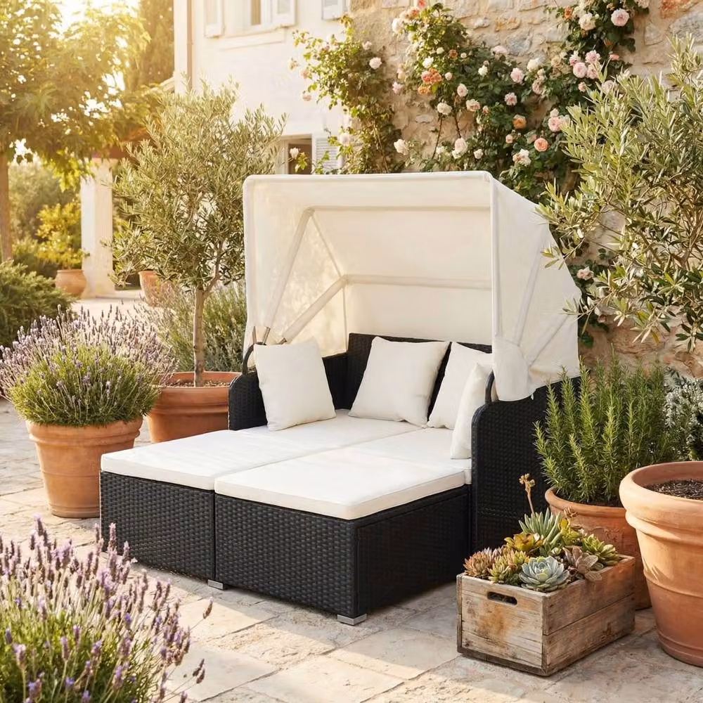 Gymax Outdoor PE Rattan Wicker Sunbed for 2 Adults in White – 8