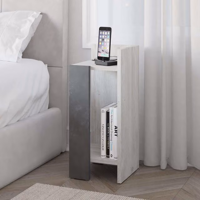 Decortie Elos Right-Side Bedside Cabinet with Drop-Down Door, Dark Oak, W/D/H: 28.0 x 24.5 x 49.5 cm