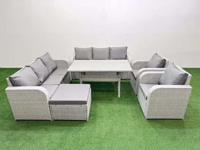 Fimous PE Rattan High Back Lounge Sofa Set with 3 Seater Sofa, Reclining Chair, Big Footstool and Rectangular Dining Table in Light Grey