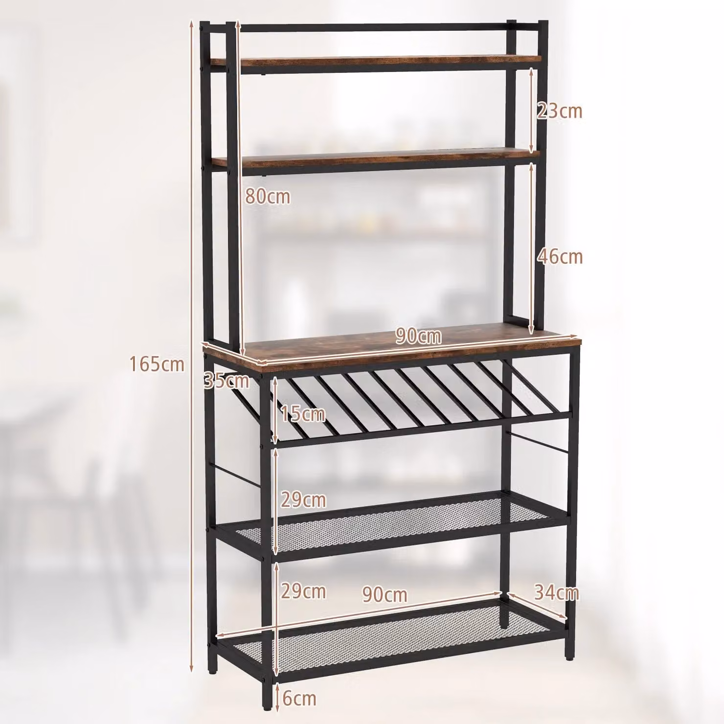 Costway 6-Tier Industrial Kitchen Baker Rack and Microwave Stand with Slanted Wine Bottle Holder in Brown – 2