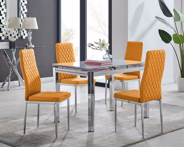 FurnitureboxUK Enna White Glass Extending 4-6 Seater Dining Table and 4 Milan Mustard Faux Leather Chairs
