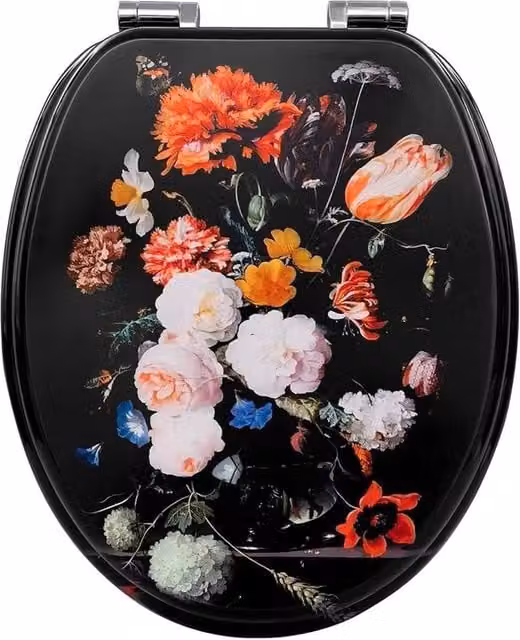 SPETLEK Soft Close Oval Toilet Seat in Black with Multicolour Flower Design