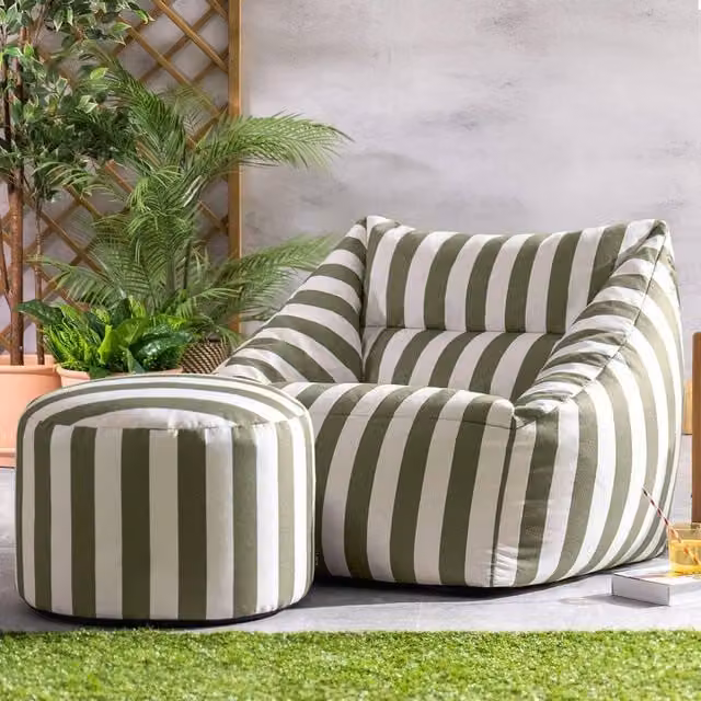 ICON Natalia Stripe Soft Woven Kyoto Armchair, Bean Bag and Footstool in Olive Green – 1