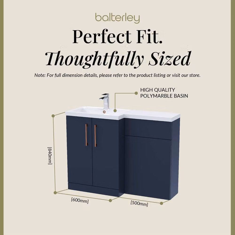 Balterley Modern Left-Hand Vanity and WC Unit Combination in Matt Blue, W: 110 cm, H: 84 cm – 4