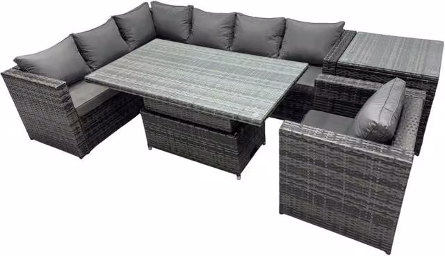 Fimous 7-Seater L-Shape Rattan Garden Furniture Set with Side Table and Upholstered Cushions in Dark Grey