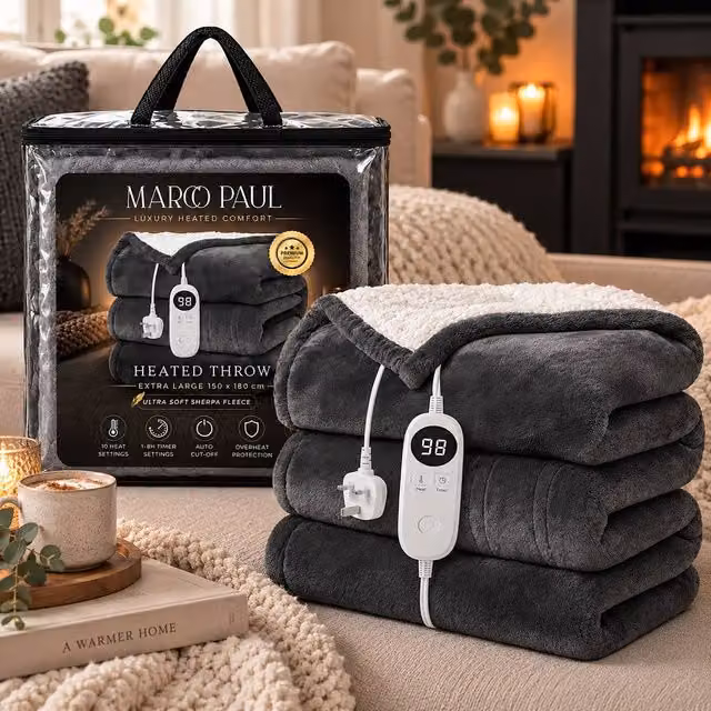 Marco Paul Luxury Sherpa Fleece Electric Heated Throw in Dark Grey, W: 150 cm x D: 180 cm