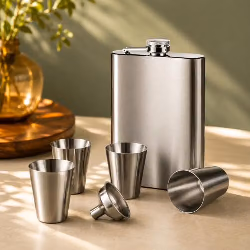 Premier Housewares Silver Stainless Steel Hip Flask Set with Shot Glass – 2