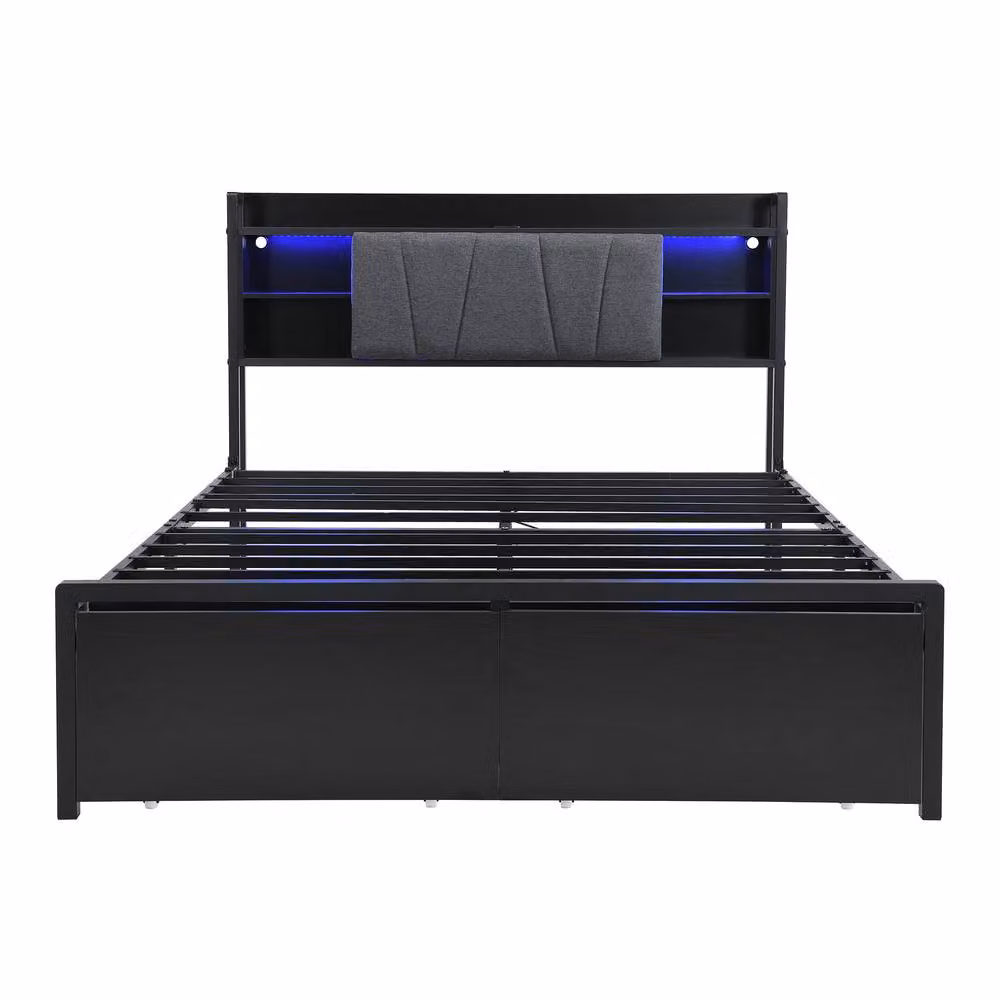 BTM Black Metal Bed with LED Lighting, USB Charging Ports and Storage Drawers, 140 x 200 cm – 7