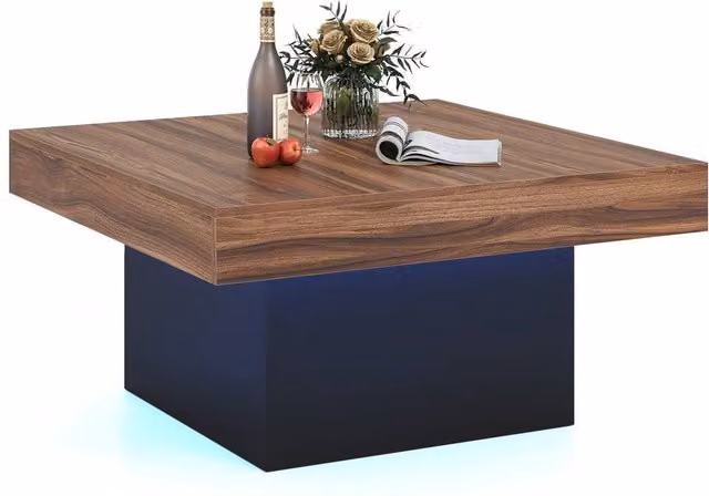 Gymax Square LED Coffee Table with Remote and 21 Dynamic Modes in Brown Wood Finish – 1