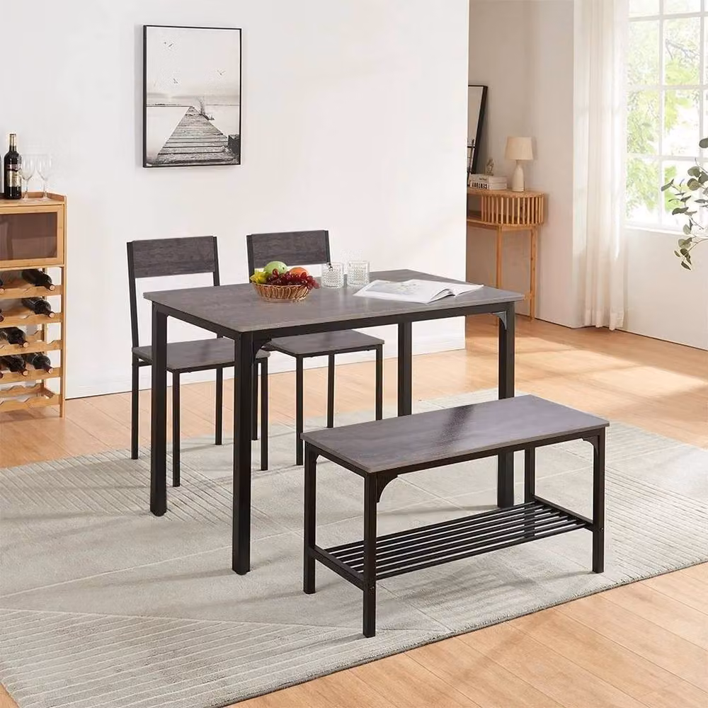 KORVIXA Grey Industrial Dining Set with Square Wood Table, 2 Stools and 1 Bench, W/D/H: 100 x 100 x 100 cm – 3
