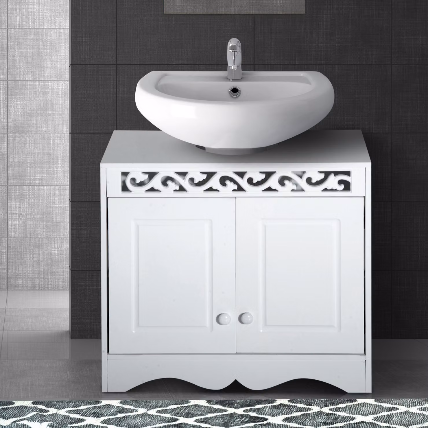 HOMCOM White Wooden Under Sink Bathroom Cabinet with 2 Hinged Doors and Internal Shelves – 2