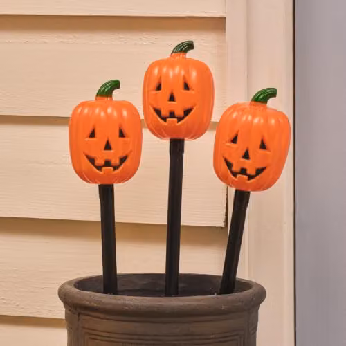 Lights4fun Set of 3 LED Halloween Outdoor Pumpkin Stake Lights in Black and Orange – 2
