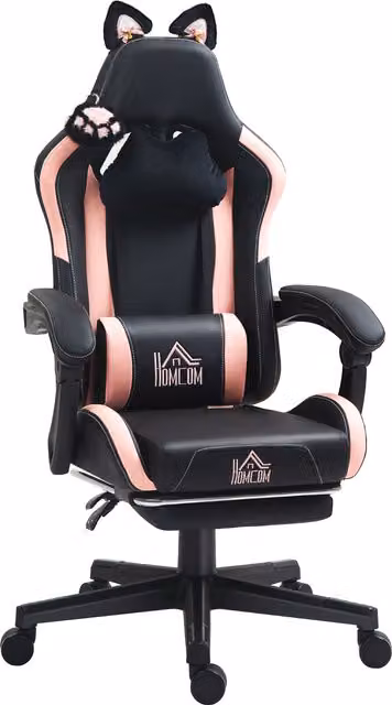 HOMCOM Cat Ear and Paw Reclining Gaming Office Chair with Footrest, Black/Pink, W/D/H: 120 x 44 x 52 cm