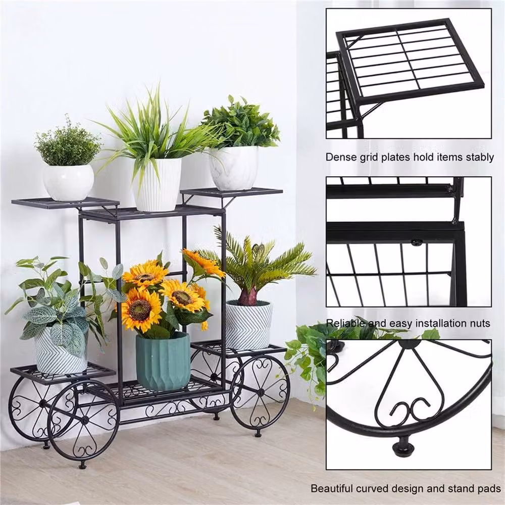 Kelvenix Large Parisian Style Metal Garden Cart Plant Stand in Matt Black – 3