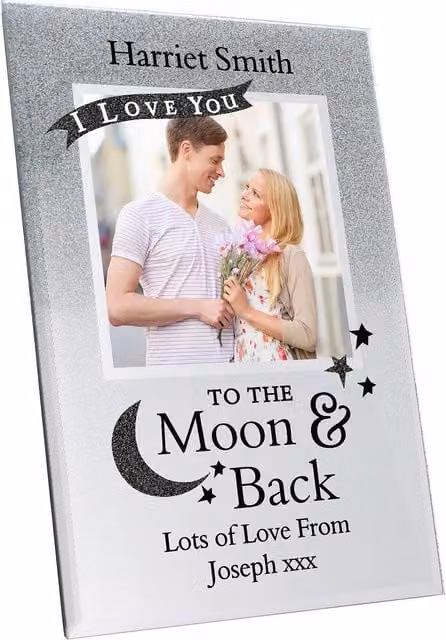 Personalised Memento Company To the Moon & Back Glitter Glass Photo Frame, Metallic Silver, W/D/H: 10.16 x 10.16 x 10.16 cm